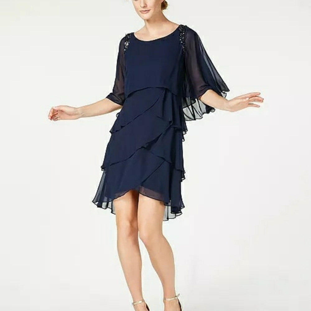 SL Fashions Beaded Tiered Capelet Dress Navy